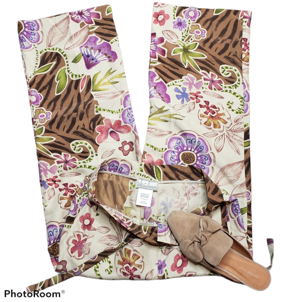 Harve Benard Silk Floral Wide Leg Pant Cropped  Cottage Fairy Tropical Vacation